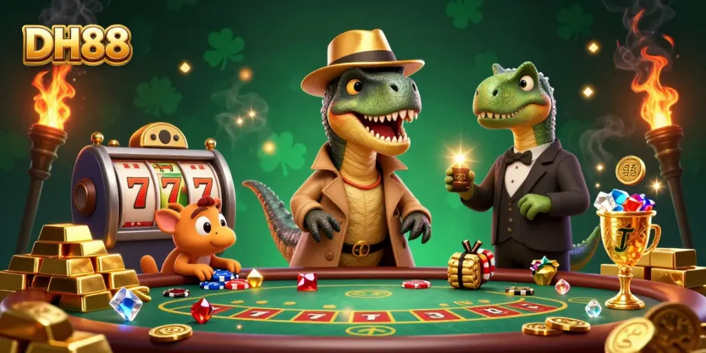 Experience thrilling gambling action with DH88, a cartoon velociraptor at a blackjack table.