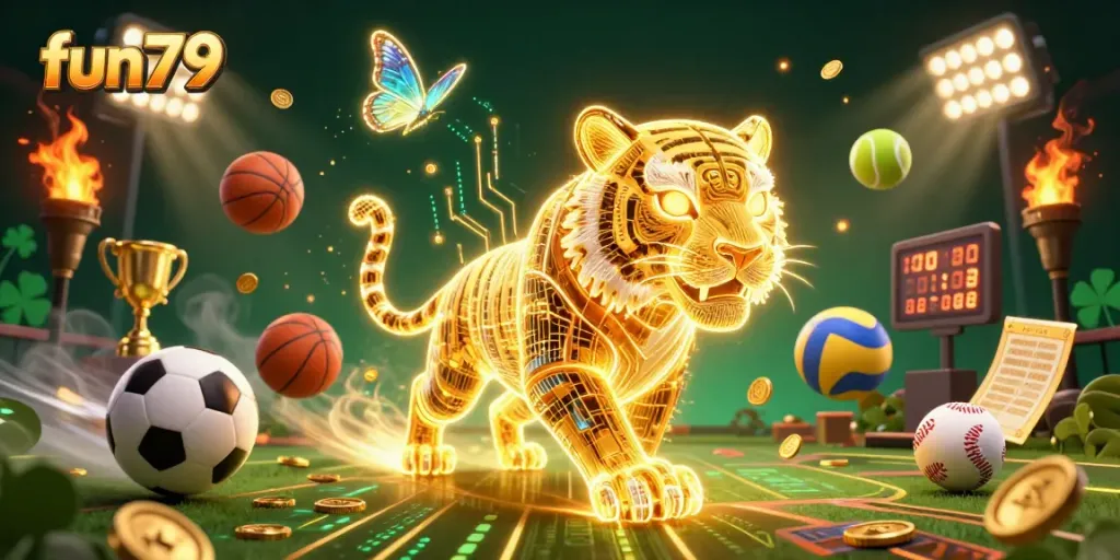 Experience the thrill of fun79 with a vibrant casino scene featuring a golden tiger and dynamic sports elements.