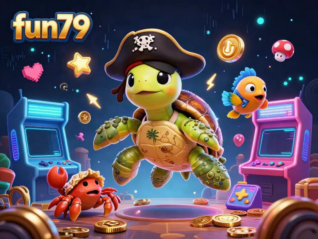 Experience the thrill of fun79 with a dynamic illustration featuring a pirate turtle, games, and treasure.