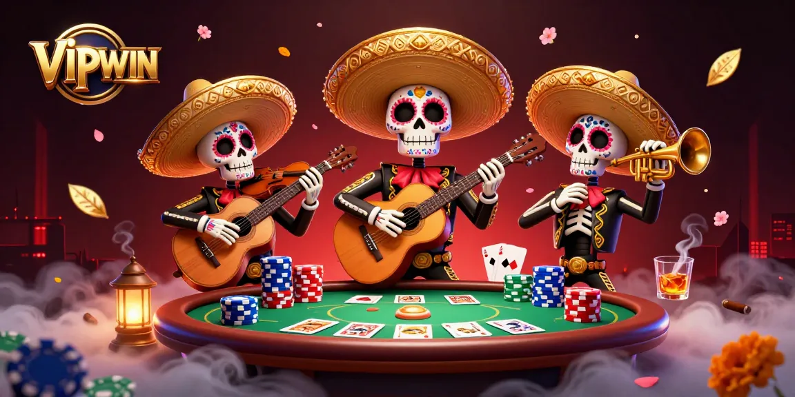 Experience the vibrant world of VIPWIN with a lively mariachi band over an exciting poker scene.