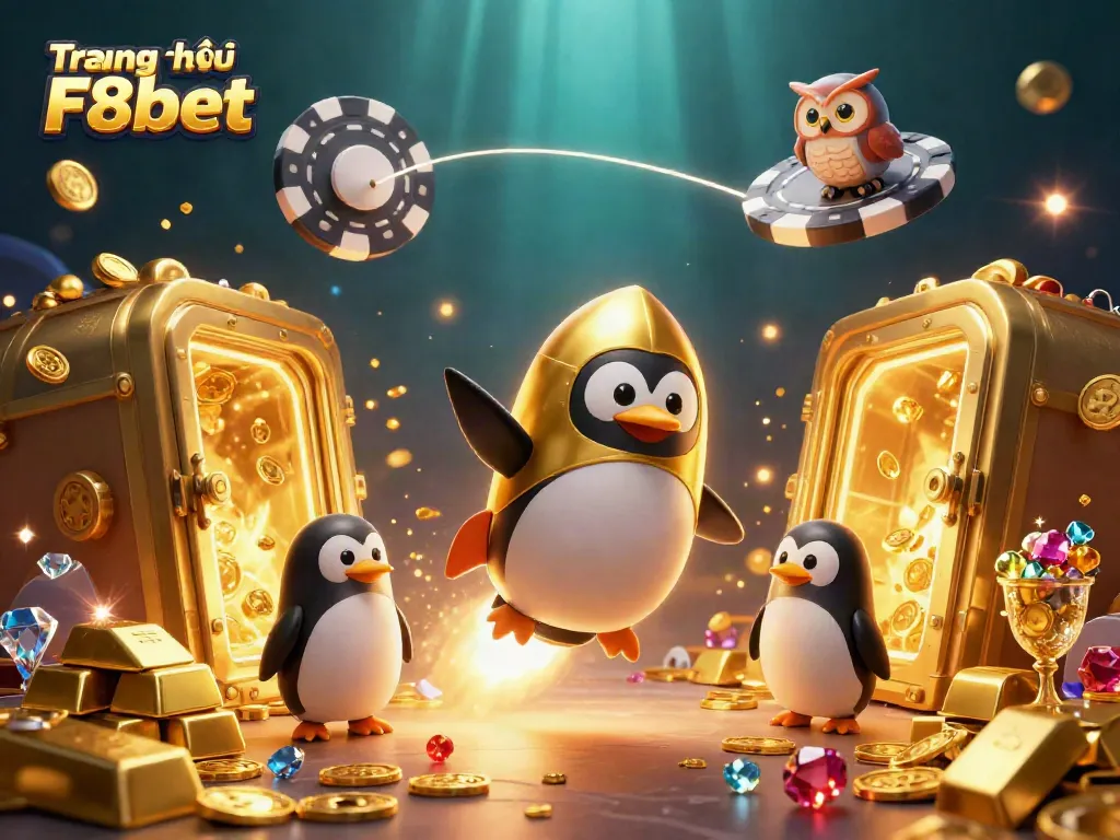 Experience the excitement of sports betting with Trang chủ chính thức F8bet, featuring a vibrant golden penguin and casino elements.