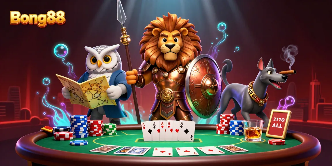 Bong88 players enjoying poker with a Spartan lion, owl strategist, and greyhound messenger creating a vibrant casino scene.