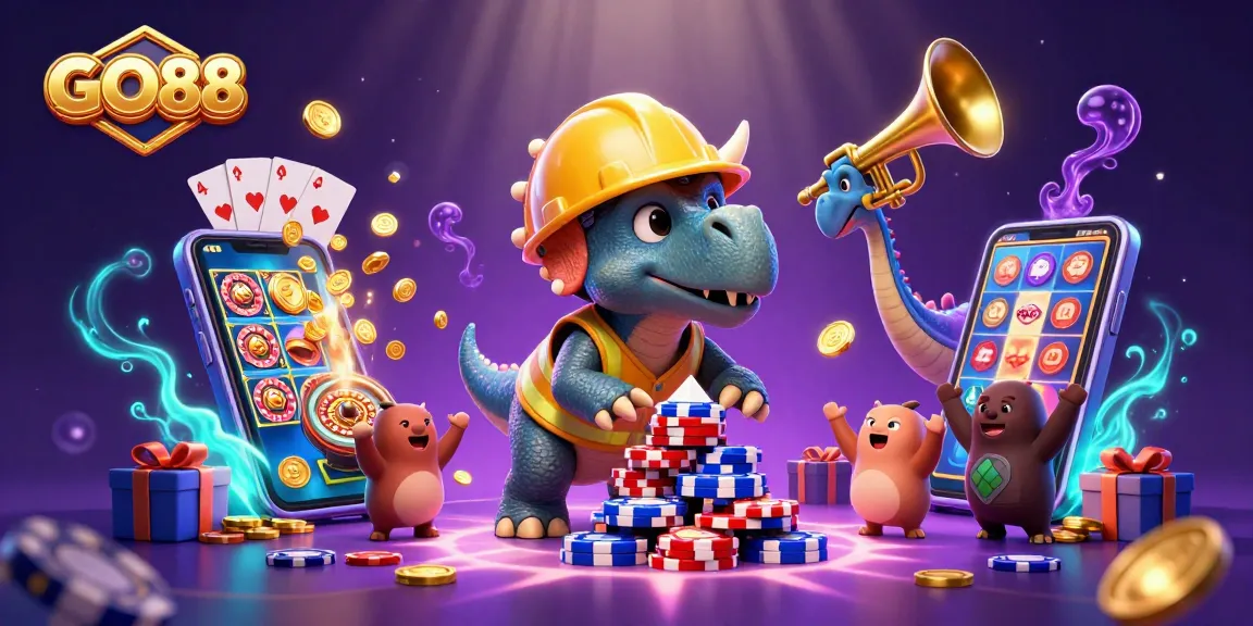 Engage with GO88 excitement through thrilling slots and poker gameplay amidst neon-lit casino atmosphere.