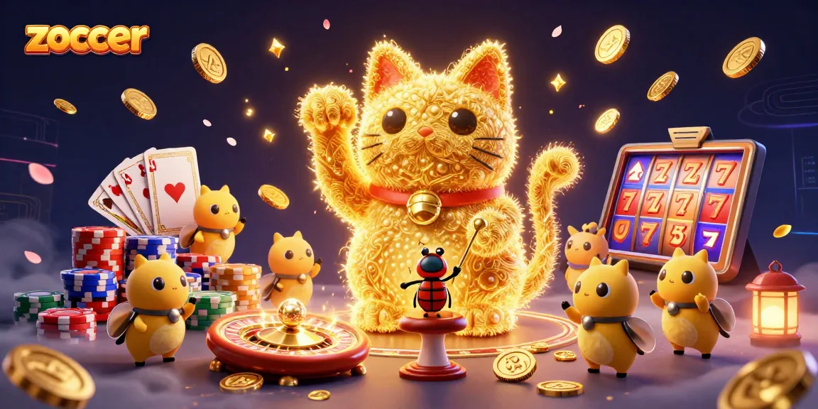 Zoccer spins excitement with golden fireflies at a vibrant casino scene showcasing symbols of luck and winnings.