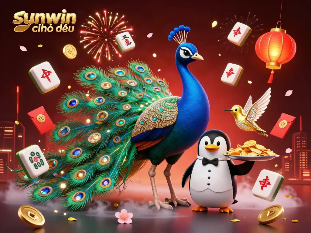 Engage with sunwin chính thức in a vibrant casino scene featuring a majestic peacock and a penguin butler amidst glowing lanterns and confetti.