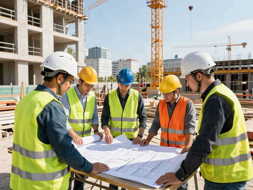 Bauunternehmen Wien bei einem modernen Wohnbauprojekt mit Architekten und Bauarbeitern in Aktion.