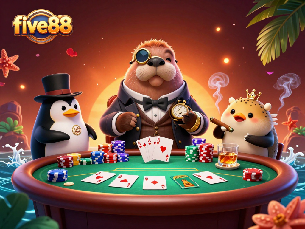 Experience the excitement at five88 with a jolly walrus, sophisticated dealer, and a bluffing pufferfish!