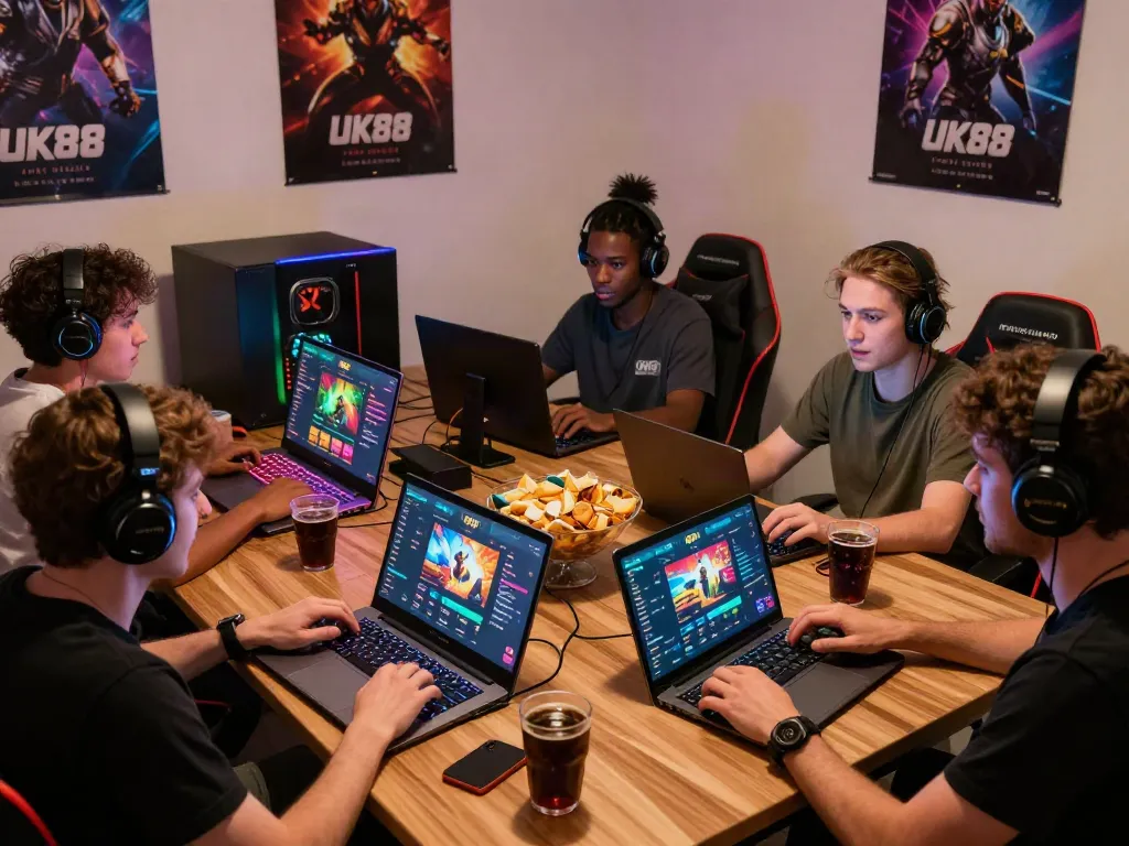 Group enjoying UK88 gaming experience together with laptops and tablets.