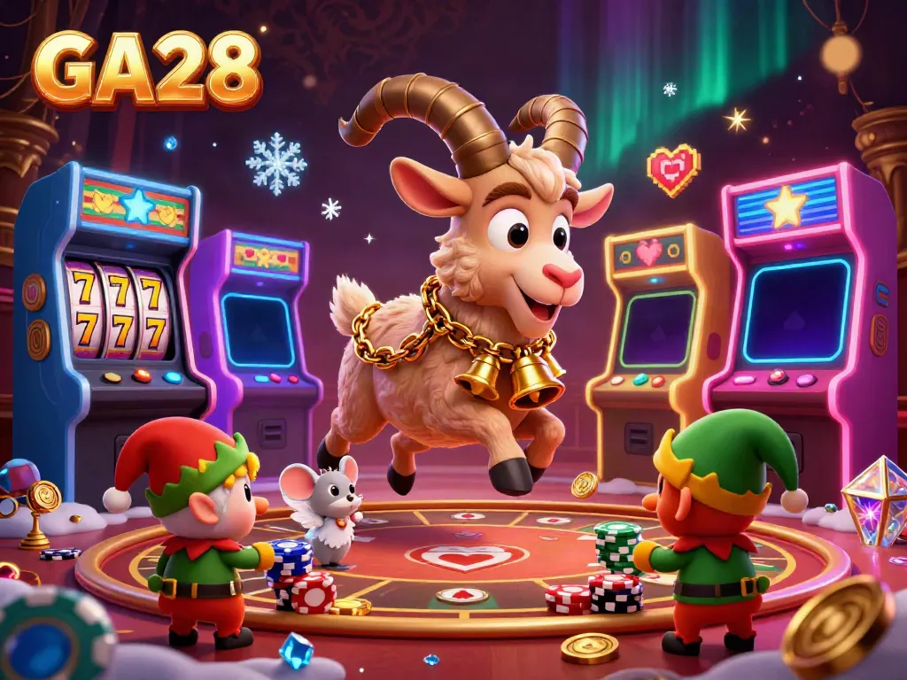 GA28 holiday-horror casino scene with Krampus goat, angel mouse, and elf gremlins enjoying dynamic gaming.