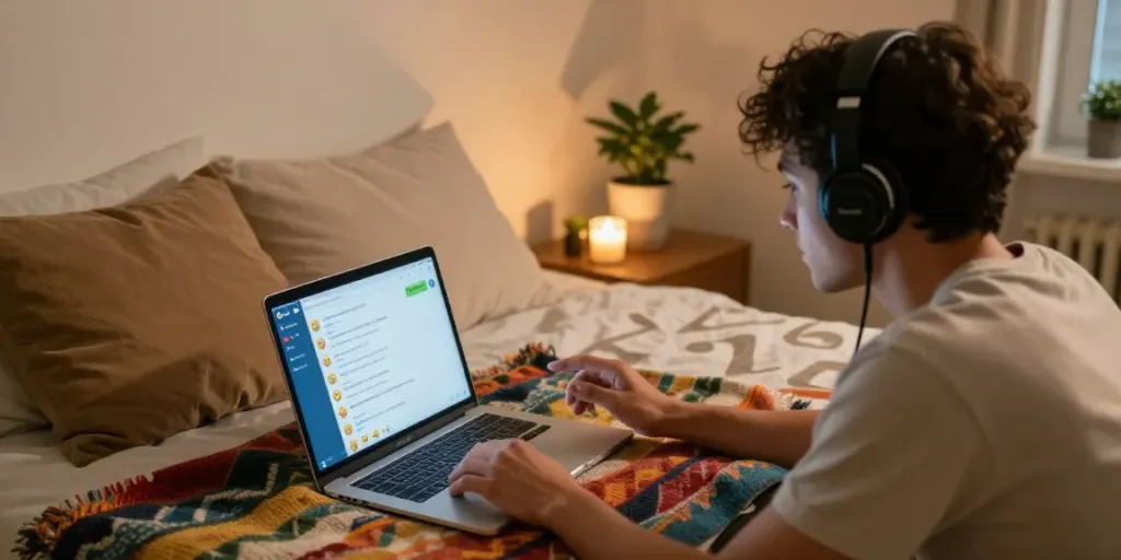 Engaging in intimate online sex chat during a cozy bedroom setting.