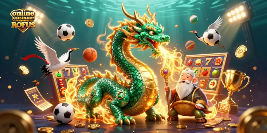 Engage with online casinoer uden ROFUS in this vibrant 3D illustration filled with lucky symbols and dynamic gameplay elements.
