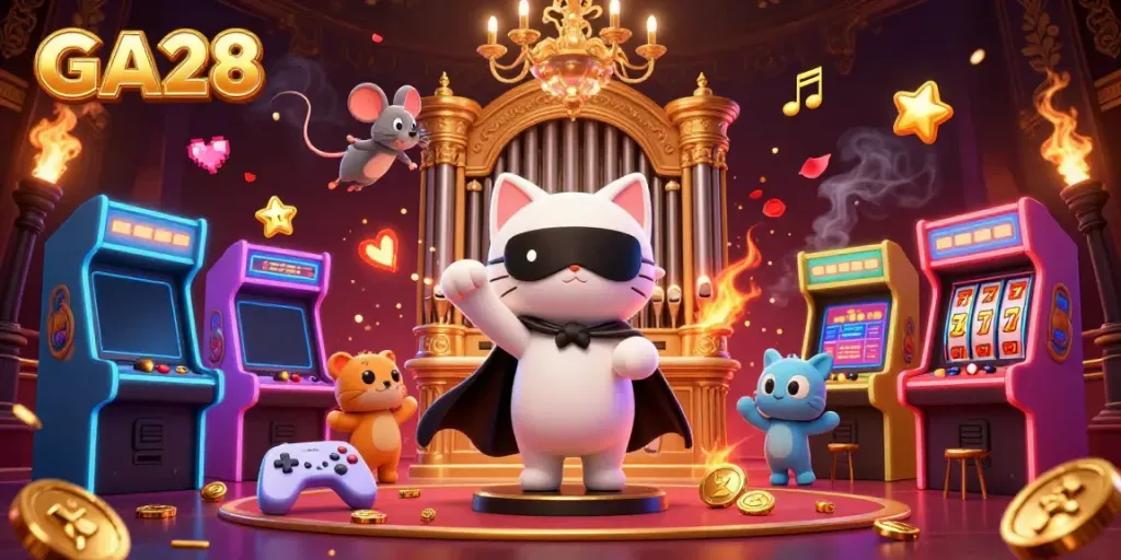 Experience vibrant GA28 gameplay with a phantom cat at a casino organ, surrounded by arcade games and golden elements.