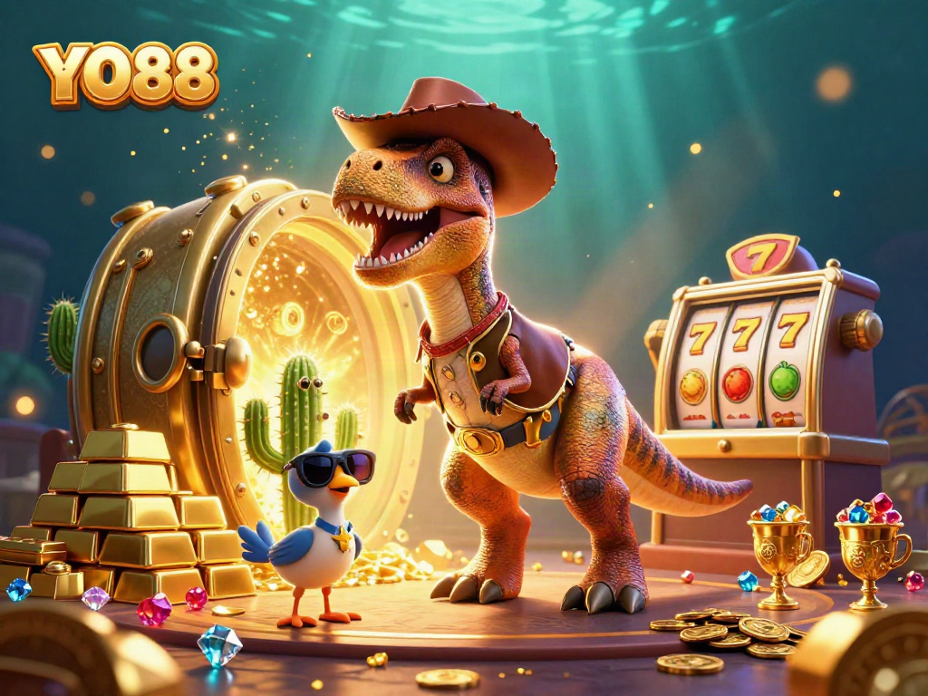 Engage with YO88's thrilling casino games featuring cartoon characters and sparkling treasures.