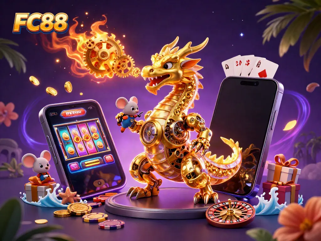 Experience thrilling wins at FC88 with this dynamic 3D illustration of an engaging casino scene.