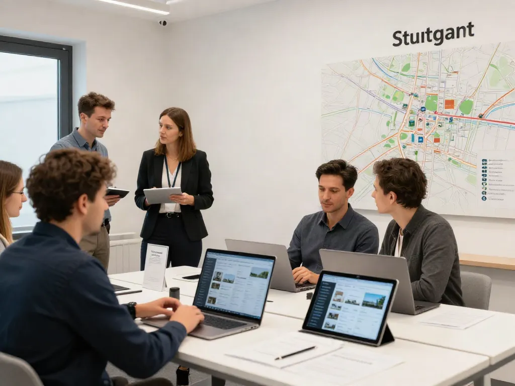 Immobilienmakler Stuttgart im modernen Büro mit digitaler Präsentation.