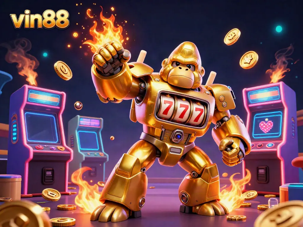 Experience thrilling action with vin88 in a vibrant casino scene featuring a golden mech and arcade games.