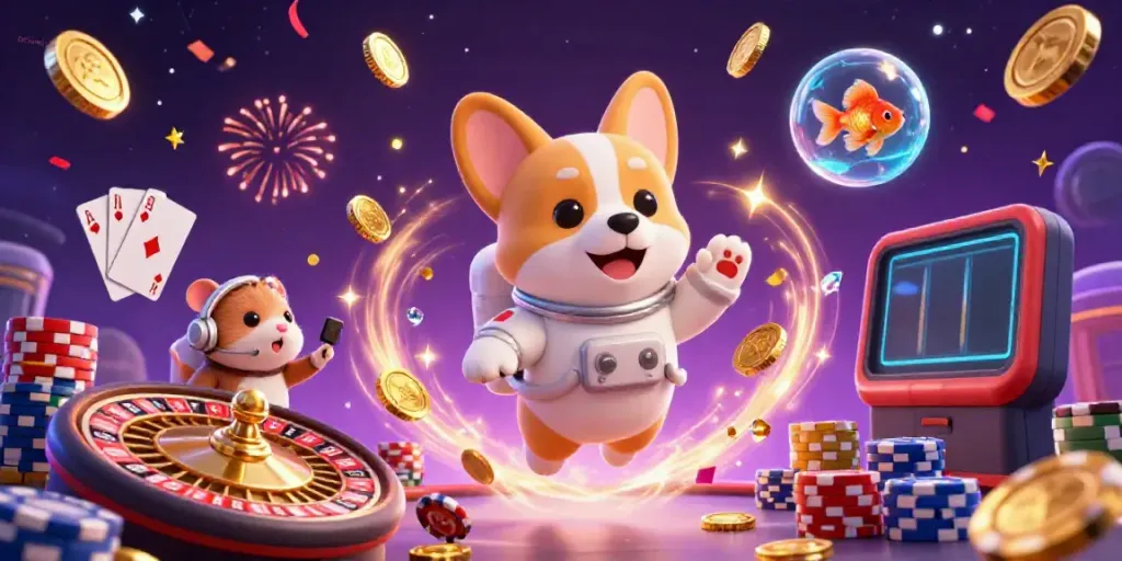 Sutbongtv's playful space casino scene with a corgi, hamster, and goldfish, amidst coins and cards.