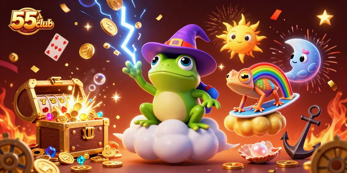 Experience the thrilling 55club slot adventure with golden coins raining from the wizard's storm.