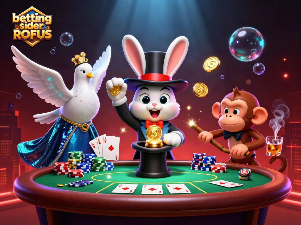 Betting sider uden ROFUS scene with a magician rabbit, dove assistant, and a monkey amid vibrant casino elements.