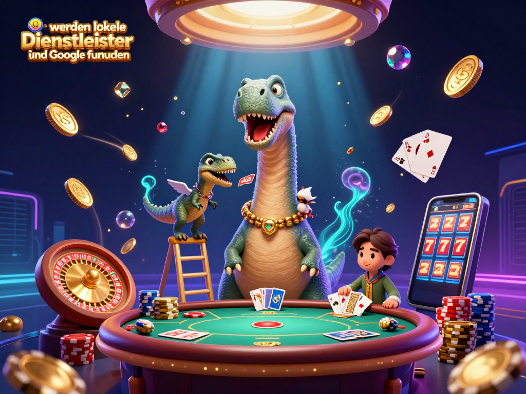 Engaging scene showcasing 3D cartoon characters so werden lokale Dienstleister in ChatGPT und Google gefunden at a vibrant casino table filled with cards and coins.