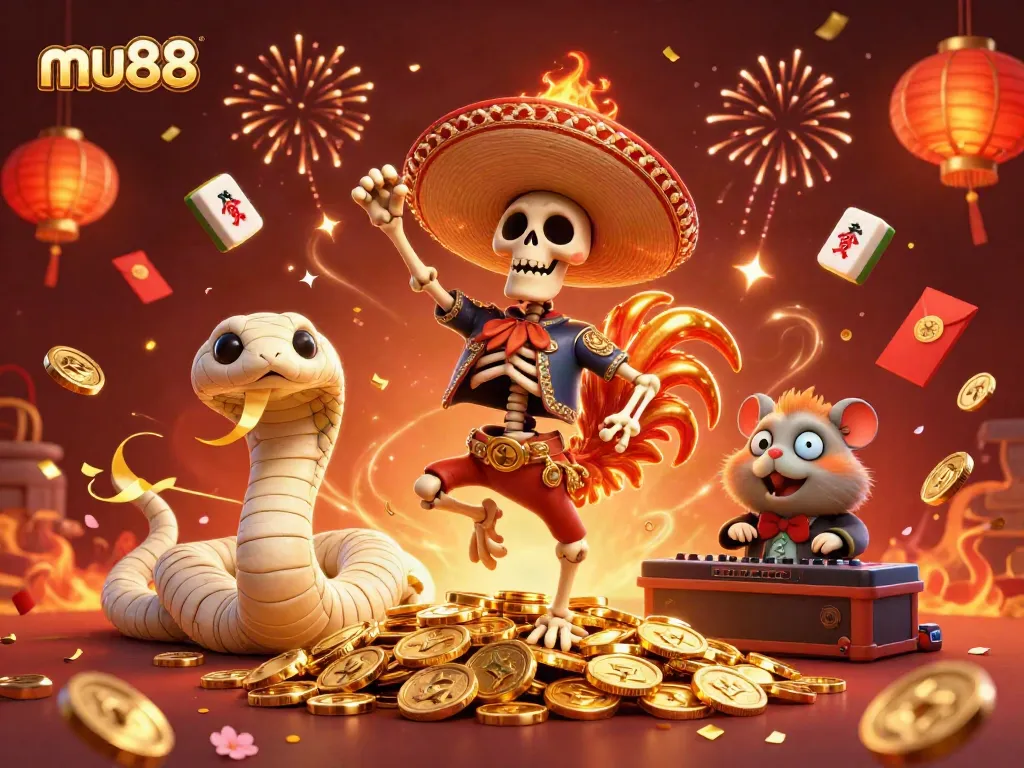 Experience the excitement of mu88 gaming with animated characters amidst vibrant casino elements.