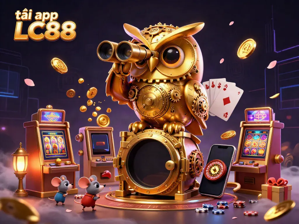 Play and enjoy exciting slot games with tải app LC88, featuring a golden owl and playful mice amidst rich casino elements.
