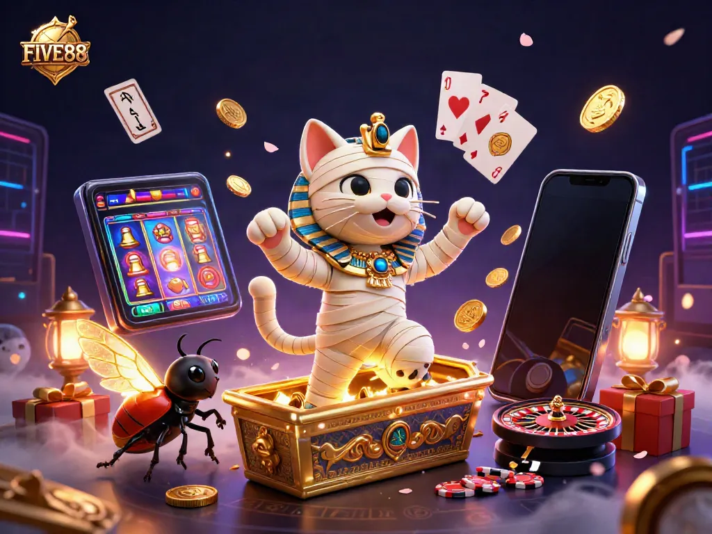 Experience the excitement with the FIVE88 mummy cat, golden coins, and casino elements in this vibrant scene.