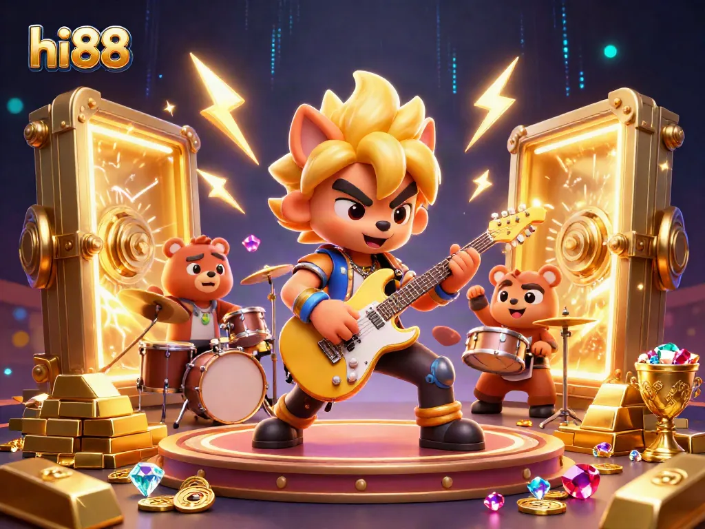 Play exciting games at hi88 while a vibrant rock star wolf entertains on stage surrounded by treasures.