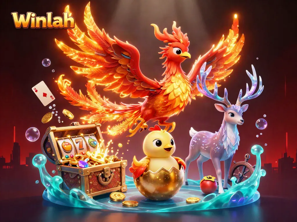 Winlah features captivating gaming elements, including a vibrant phoenix and slot machines, enhancing your gaming experience.