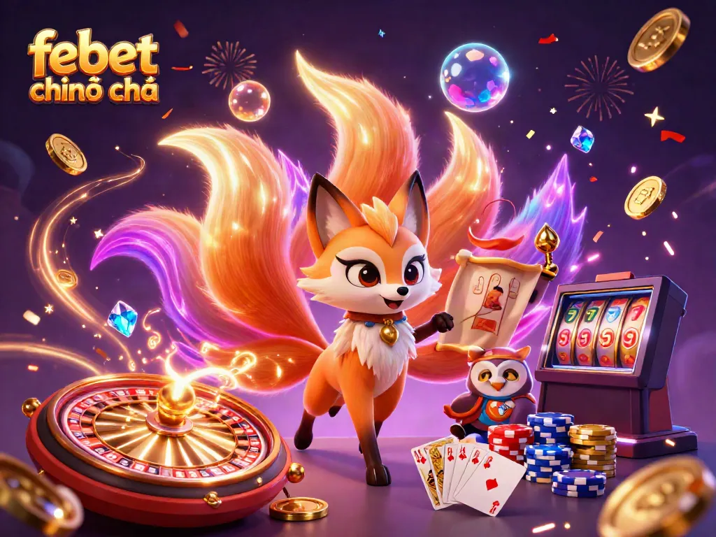 Experience the magic of febet chính chủ with glowing characters, cascading coins, and vibrant casino elements.