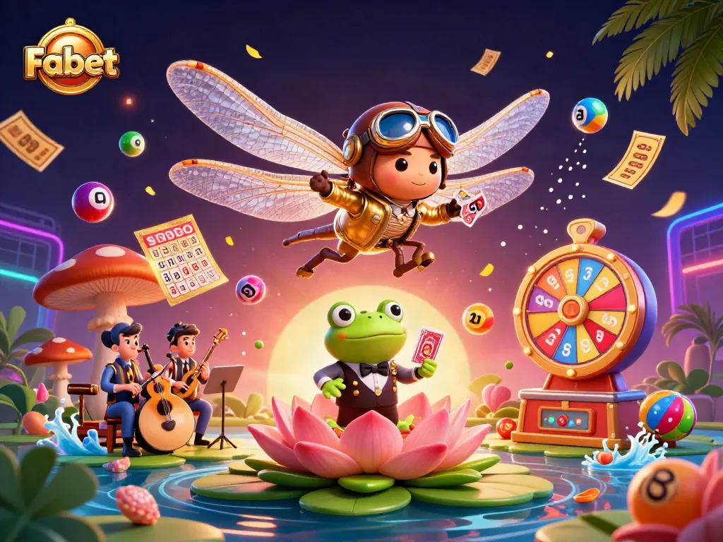 Experience Fabet's vibrant gaming scene with a 3D dragonfly pilot, frog dealer, and dynamic lottery action.