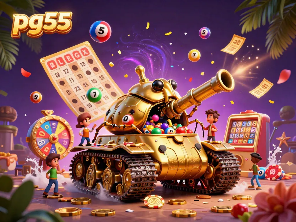 Experience the excitement of pg55 with a vibrant 3D casino illustration featuring a golden beetle tank and lively gaming elements.