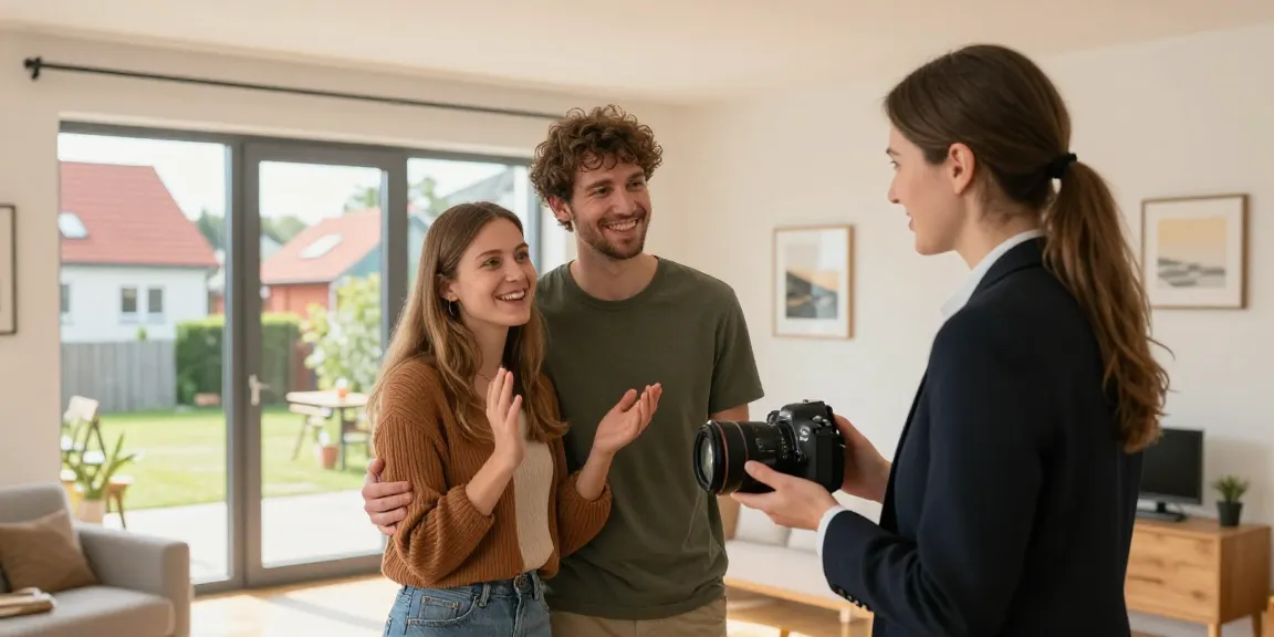 Immobilien in Lüneburg: Vertrauenswürdiger Immobilienmakler zeigt Familie ein schönes Zuhause in der Nähe.