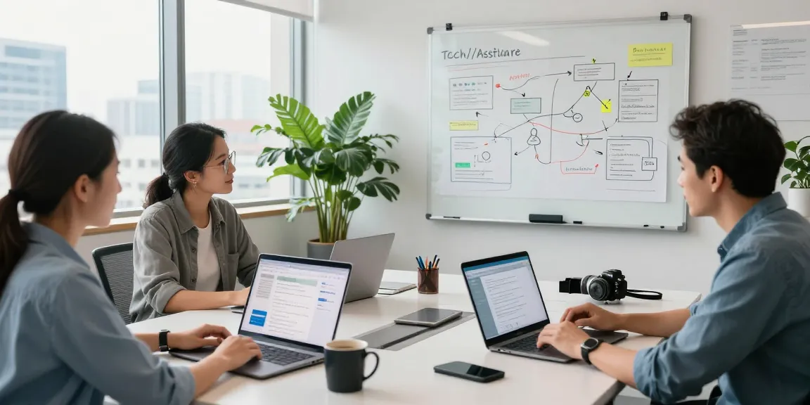 Diverse professionals collaborating with AI assistant tools in a modern workspace.
