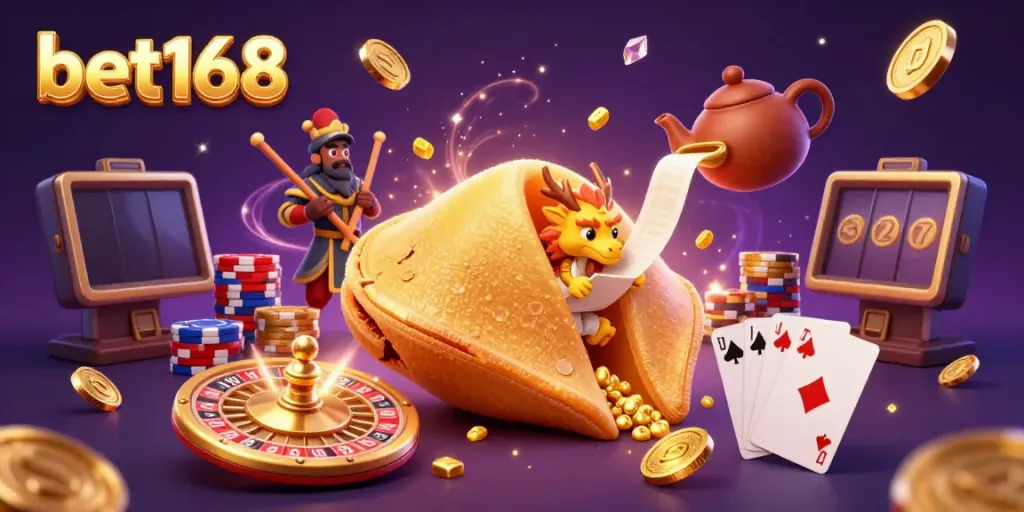 Experience the thrill of bet168 with a golden fortune cookie scene full of exciting gaming elements.