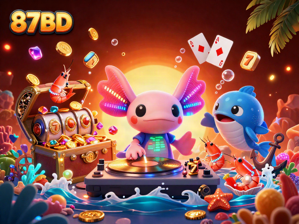Experience the vibrant casino atmosphere with 87BD's neon axolotl DJ spinning surrounded by treasures.