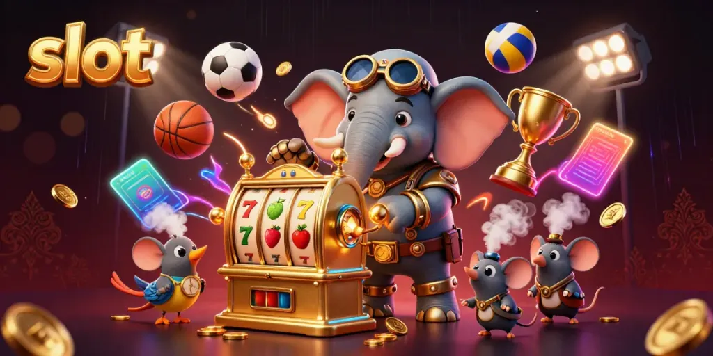 Engage with dynamic slot action illustrated by a steampunk elephant operating a golden slot machine.