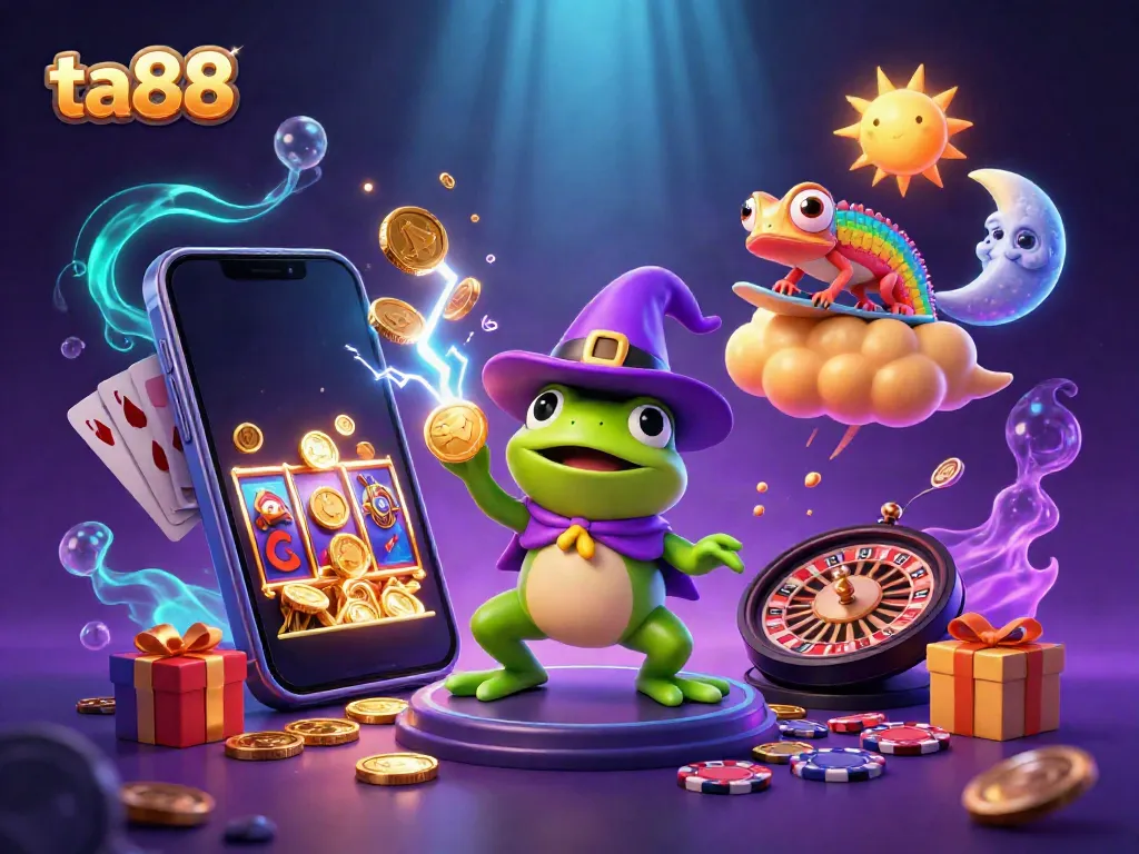 Spin the reels and win big with ta88 in this dynamic 3D casino fantasy scene.