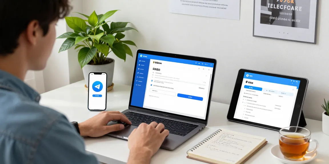 User configuring Telegram Chinese settings on laptop, showcasing modern workspace.