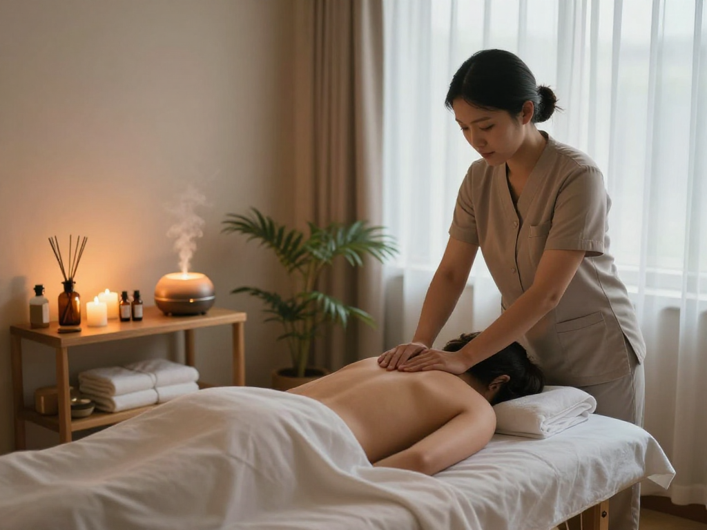 강서구출장안마 session in a soothing massage studio with therapist and client, peaceful atmosphere with natural light.