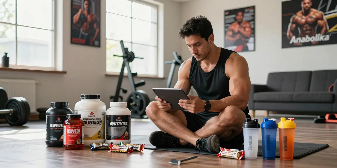 Athletic man using tablet in home gym surrounded by anabolic steroids and supplements, showcasing dedication to fitness and the Anabolika Shop.