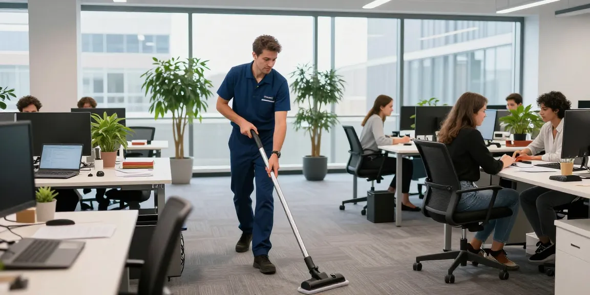 Professionelle Gebäudereinigung Düsseldorf mit geschulten Reinigungskräften, die ein Büro gründlich reinigen und für Sauberkeit sorgen.