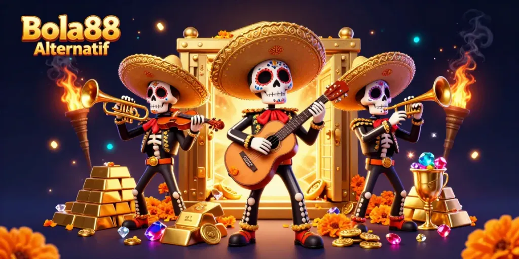 Bola88 Alternatif: Enjoy a vibrant celebration with mariachi skeletons amidst a dazzling treasure trove.