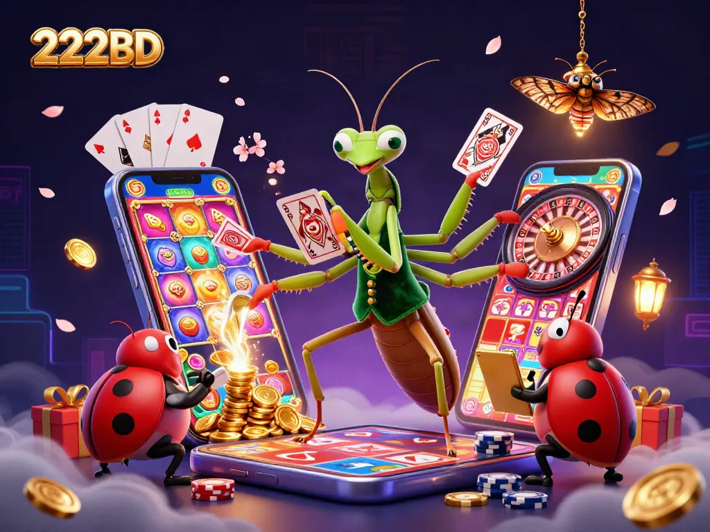Play exciting slots at 222BD with vibrant, animated casino elements showcasing entertainment.