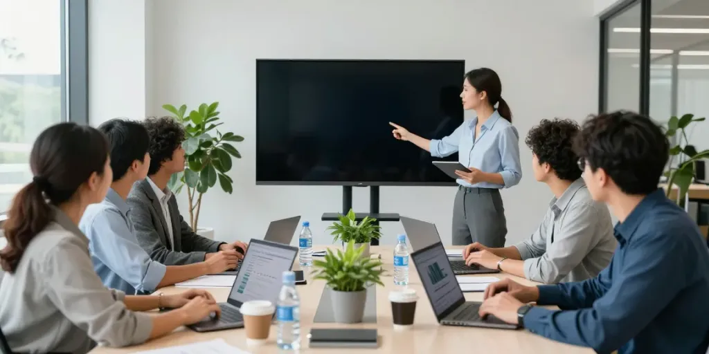 Equipo diverso en oficina colaborando en productos financieros, destacando bbva es.