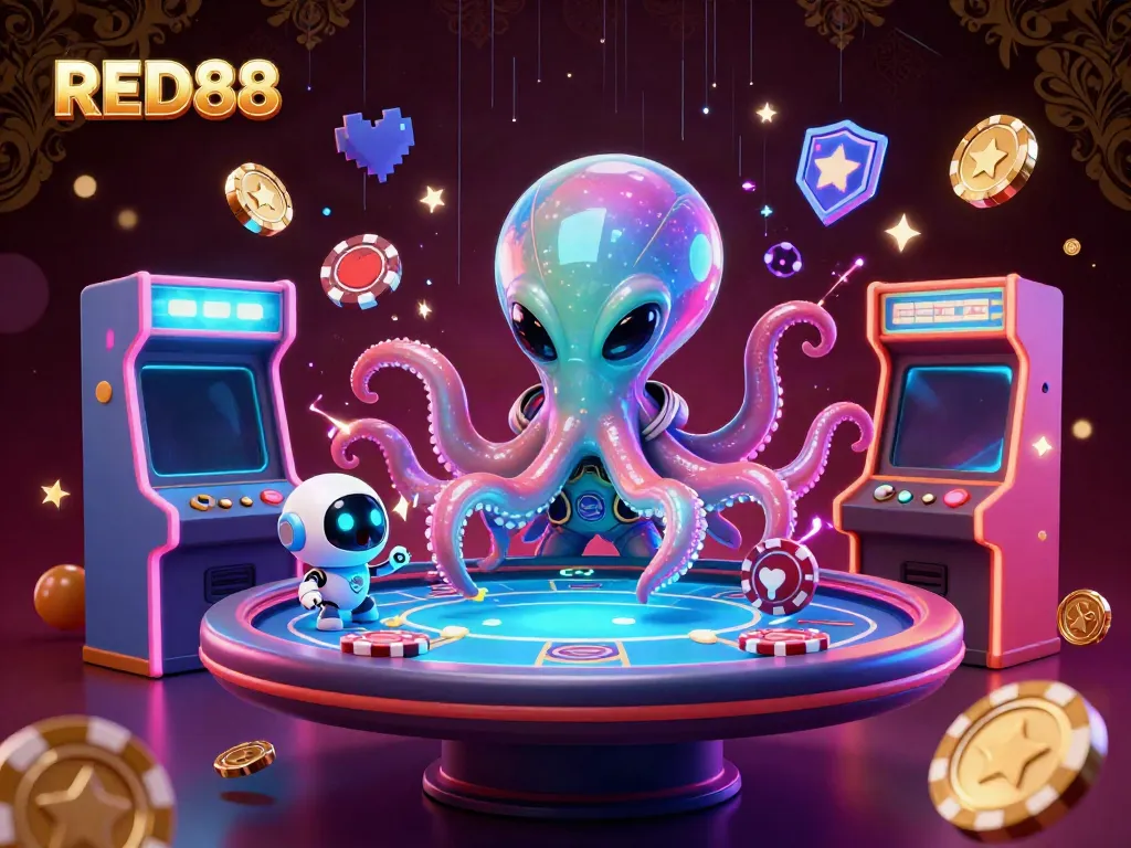 Engage in exciting poker action at RED88 with a lively 3D illustration of an alien octopus at a holographic table.