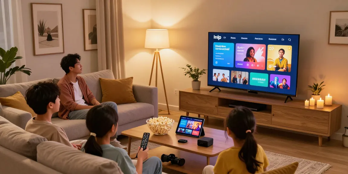 Familie genießen ip tv smart Streaming im stilvollen Wohnzimmer mit Fernseher und Snacks.