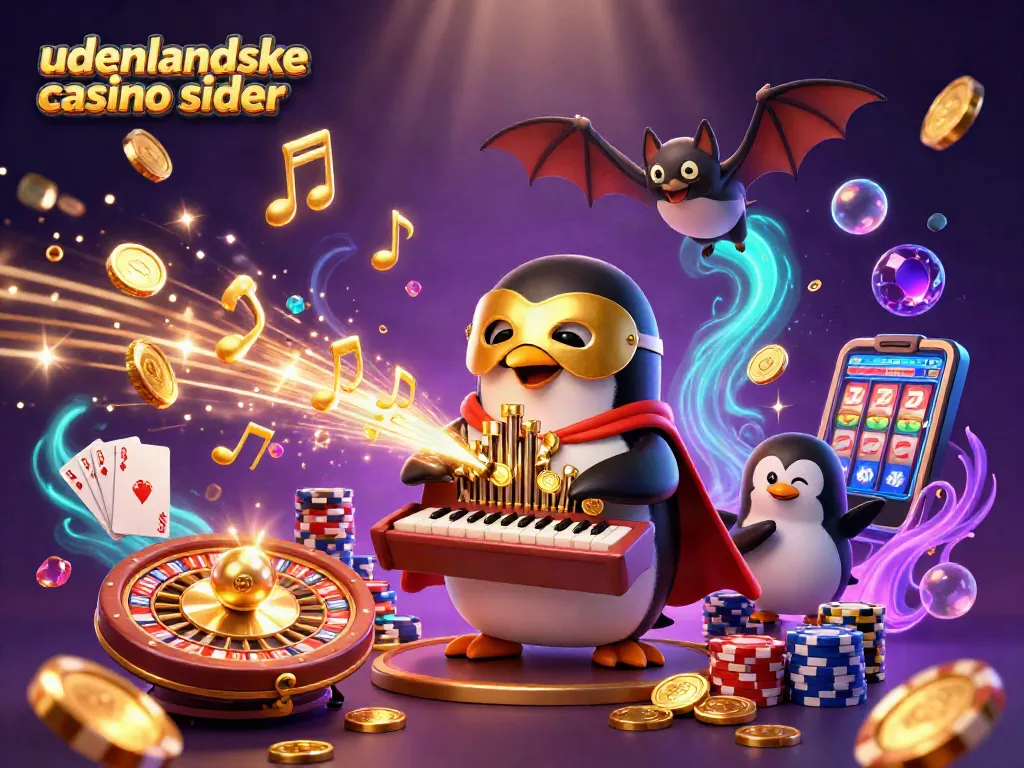 Engage with the vibrant scene of udenlandske casino sider showcasing a penguin playing organ amid sparkling gems and coins.