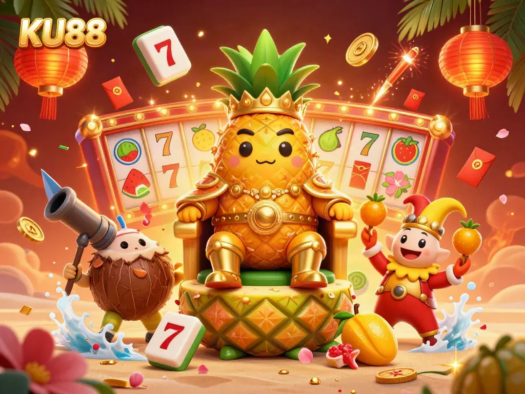 Experience the excitement of KU88's beach casino with a golden pineapple king and vibrant gaming elements.