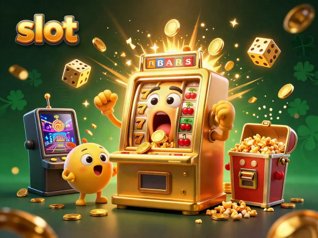 Watch the golden slot machine celebrating its jackpot win amid flying coins, symbols, and cheerful baby slots.